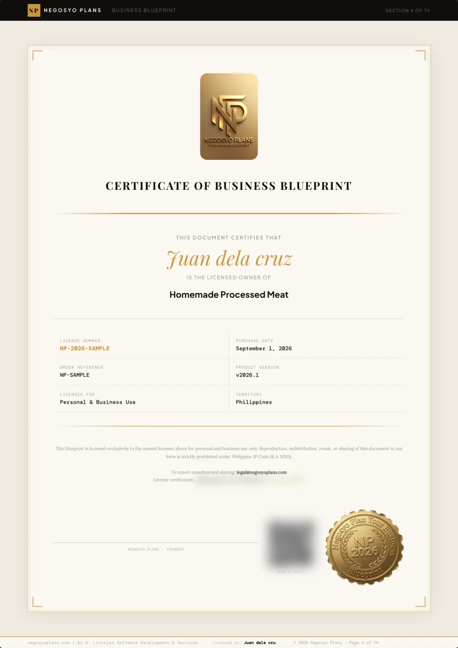 Certificate page (sample)