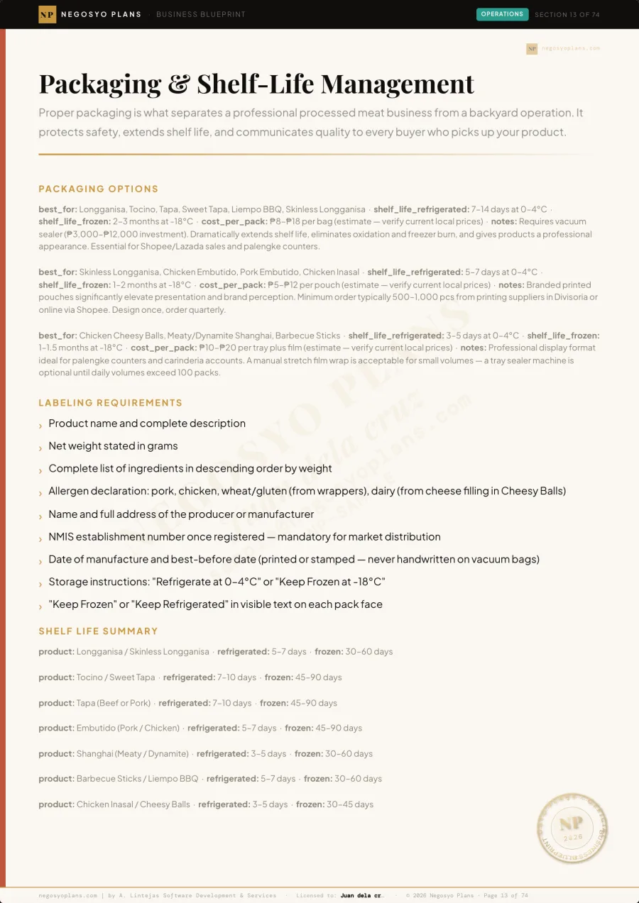 Packaging and shelf life page (sample)