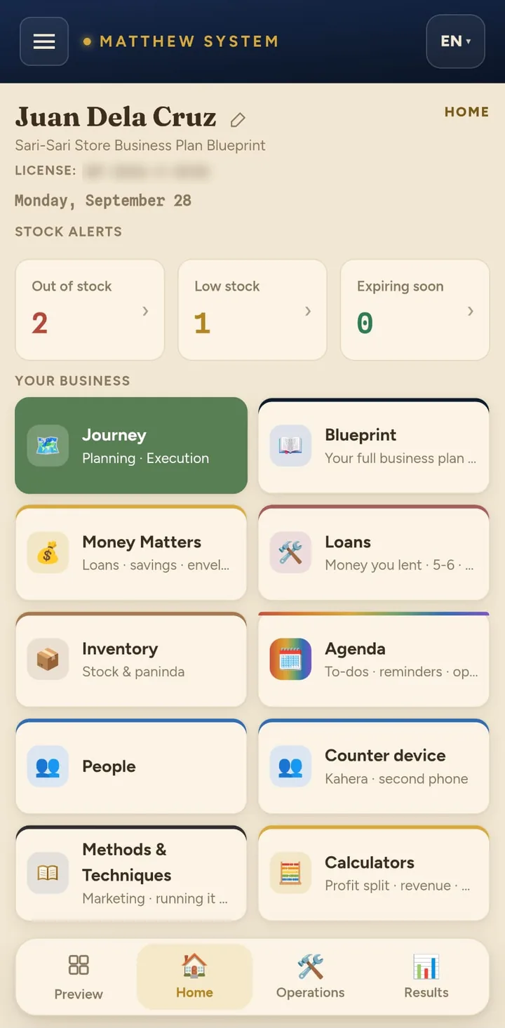 Matthew System Home screen — example data