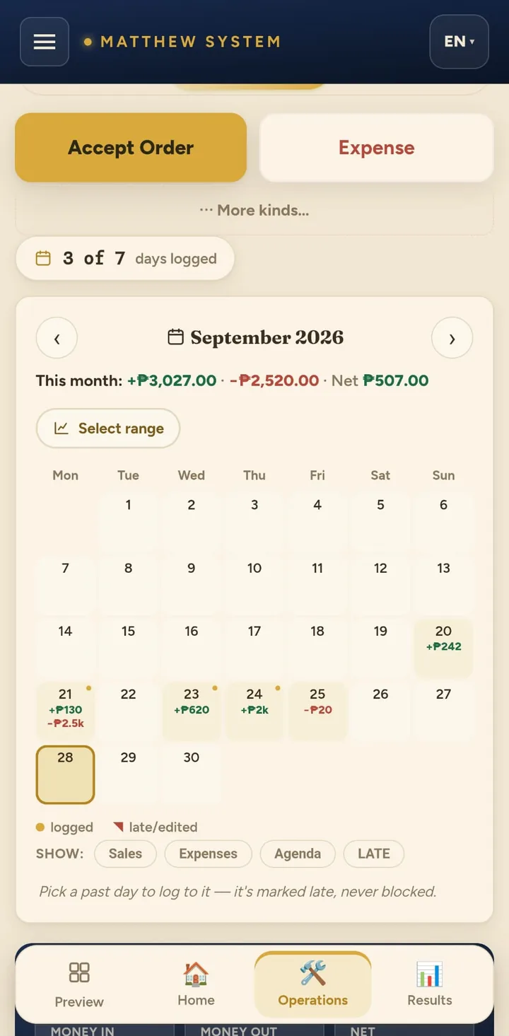 Matthew System Operations screen — example data