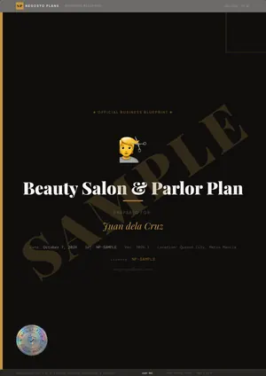 Sample page 1 of 47 from the Beauty Salon & Parlor Plan blueprint: Cover (watermarked SAMPLE)