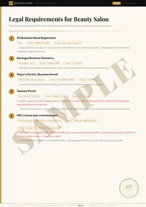 Sample page 13 of 47 from the Beauty Salon & Parlor Plan blueprint: Legal Requirements for Beauty Salon (watermarked SAMPLE)