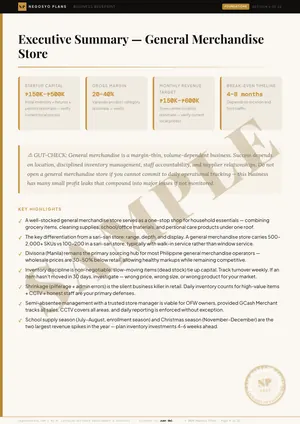 Sample page 6 of 22 from the General Merchandise blueprint: Executive Summary — General Merchandise Store (watermarked SAMPLE)