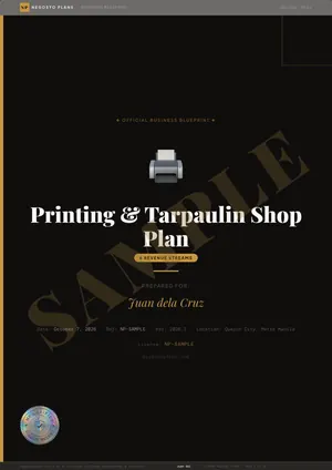 Sample page 1 of 52 from the Printing & Tarpaulin Shop Plan blueprint: Cover (watermarked SAMPLE)