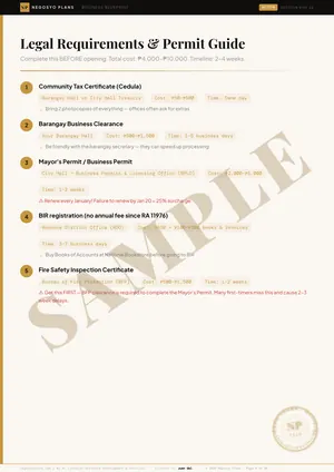 Sample page 9 of 56 from the Sari-Sari Store blueprint: Legal Requirements & Permit Guide (watermarked SAMPLE)