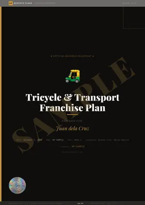 Sample page 1 of 49 from the Tricycle & Transport Franchise Plan blueprint: Cover (watermarked SAMPLE)
